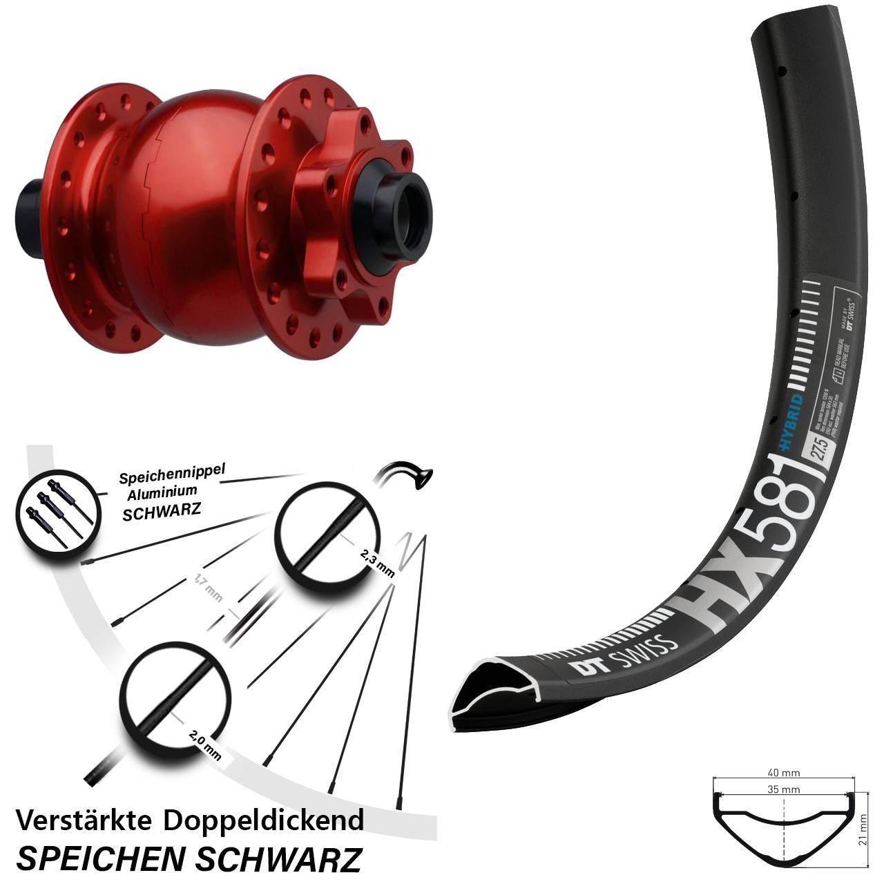 SON 28 rot DT Swiss HX 581 27,5 Zoll 6-Loch Nabendynamo-Vorderrad 15x110 Boost
