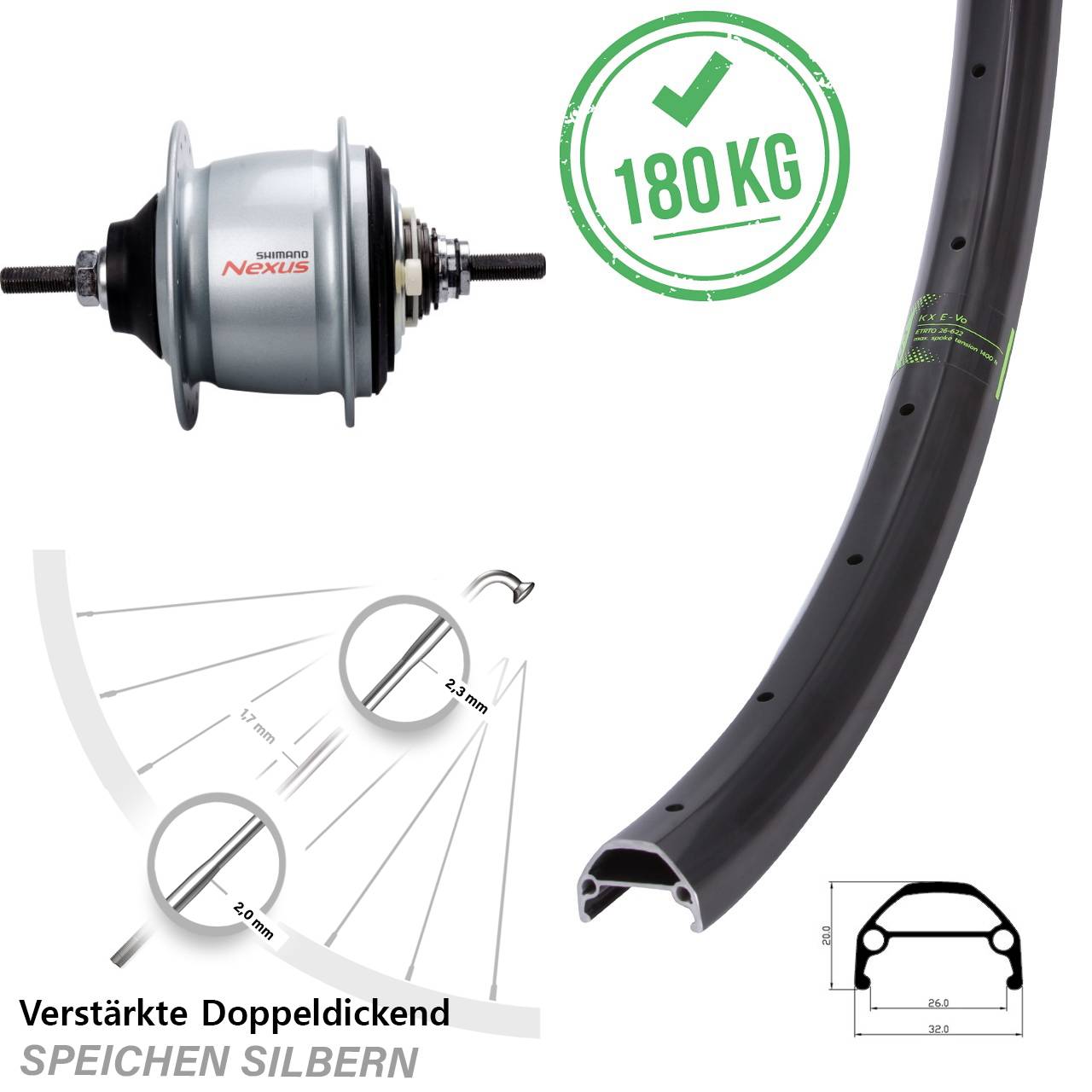 26 Zoll KX Evo Shimano Nexus 8 Gang Hinterrad für Rollenbremse