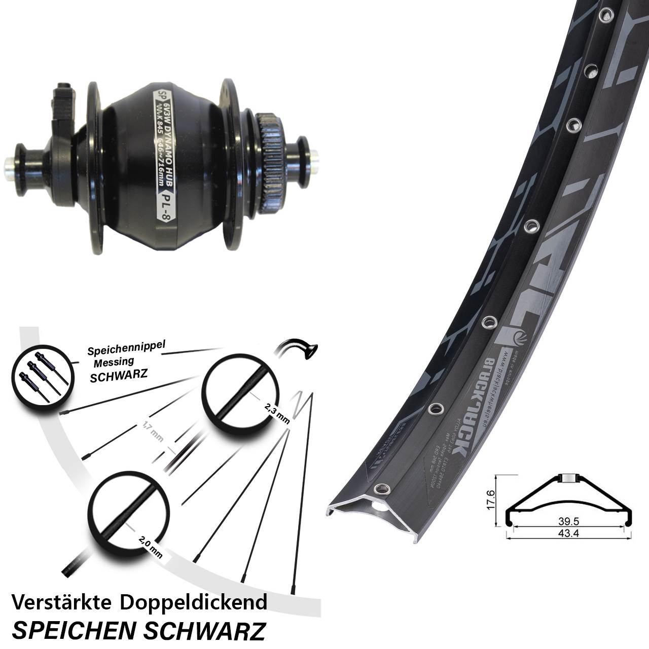 Disc Nabendynamo-Laufrad 27,5 Zoll Rodi Ready 40 Shutter Precision PL-8 für Schnellspanner