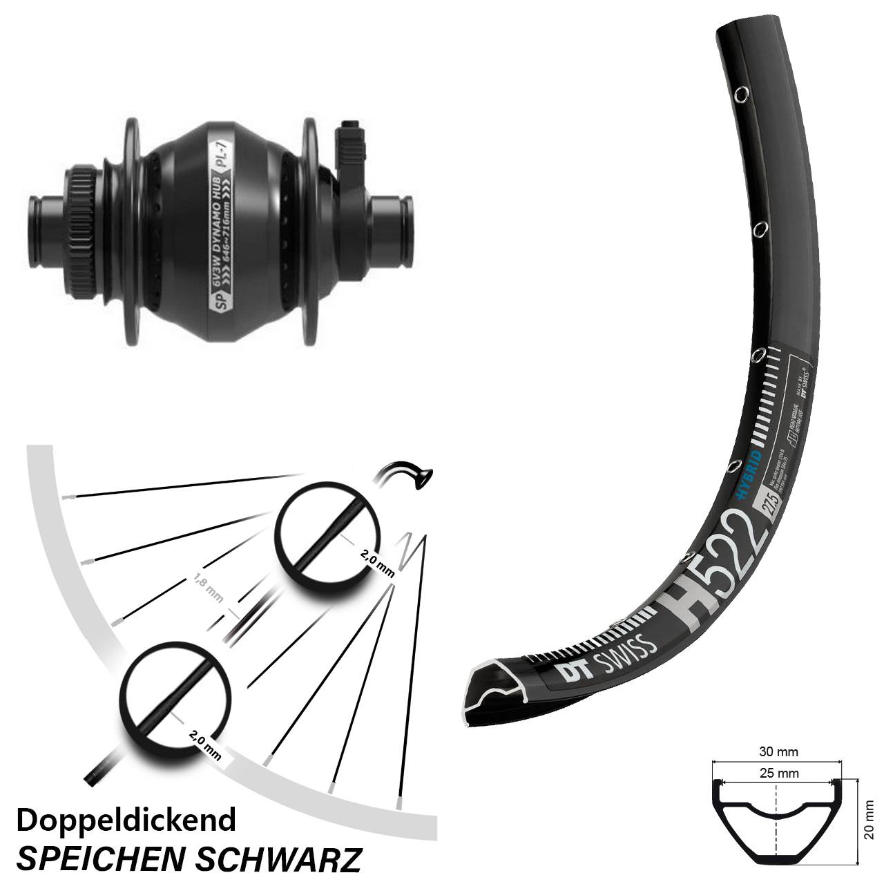 DT Swiss H522 29 Zoll Vorderrad Shutter PL-7 12x100 Nabendynamo Centerlock