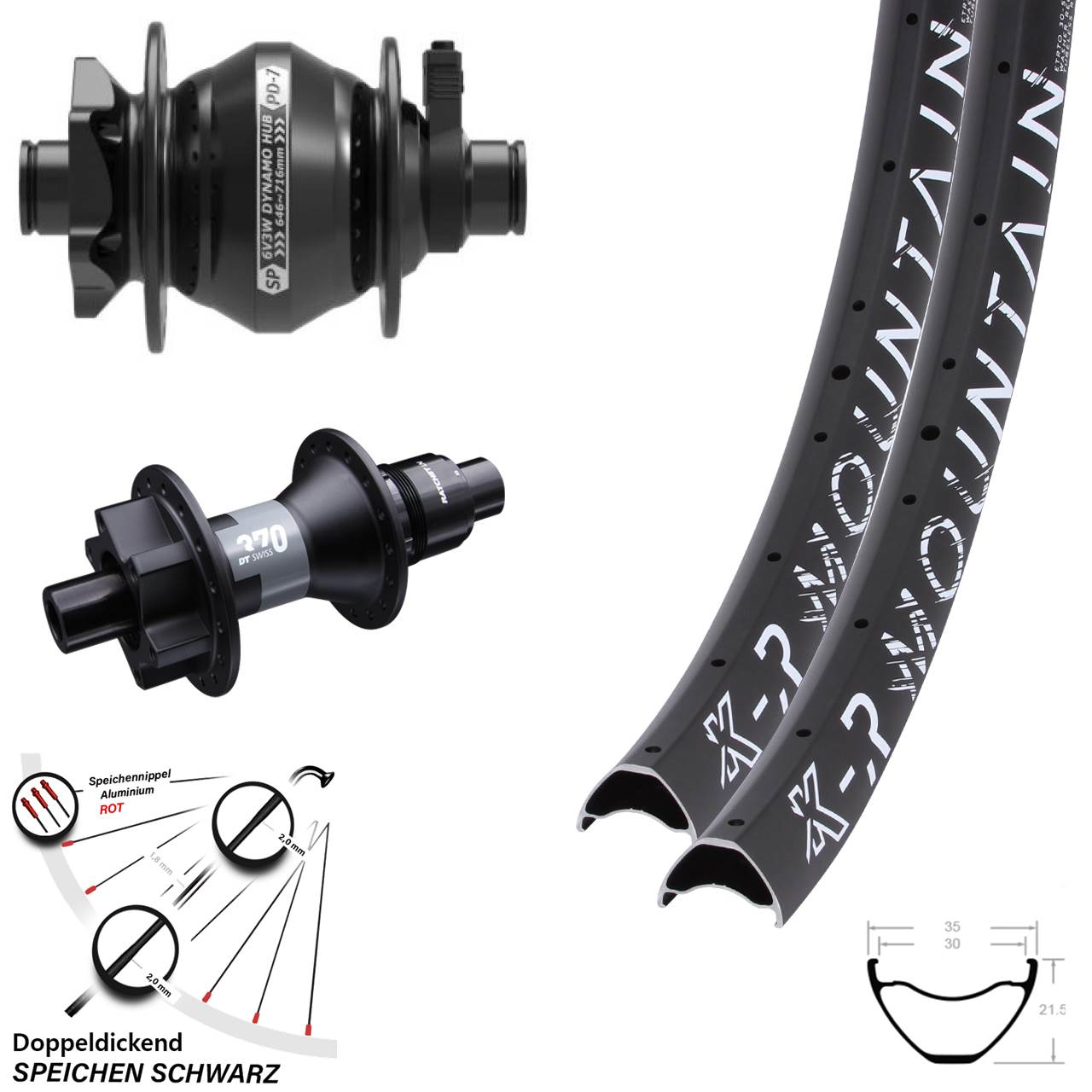 Laufradsatz 29 Zoll KX-R Mountain 12x100/142 schwarz DT Swiss 370 SP PD-7 Dynamo XD Disc