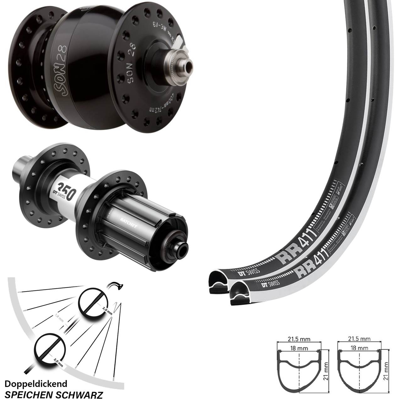RR411 OS DT Swiss 350 Road SON 28 Zoll Laufradsatz für Schnellspanner 8-12 fach HG