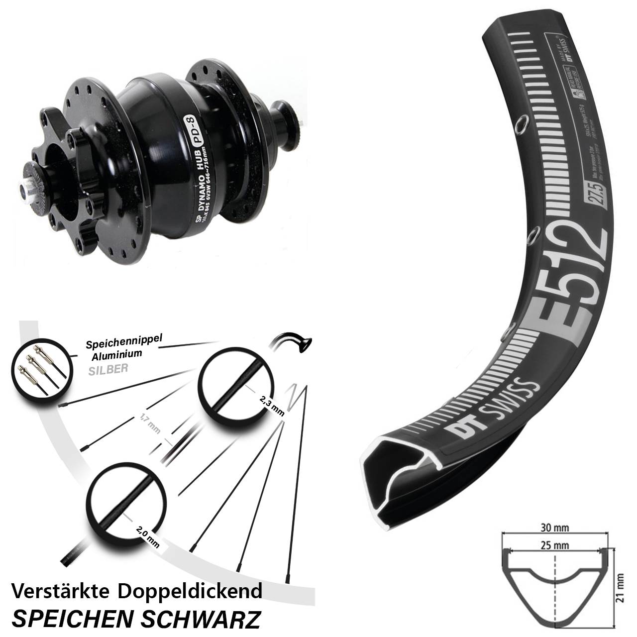 DT Swiss E 512 Shutter Precision PD-8 29 Zoll Dynamo-Vorderrad 6-Loch für Schnellspanner