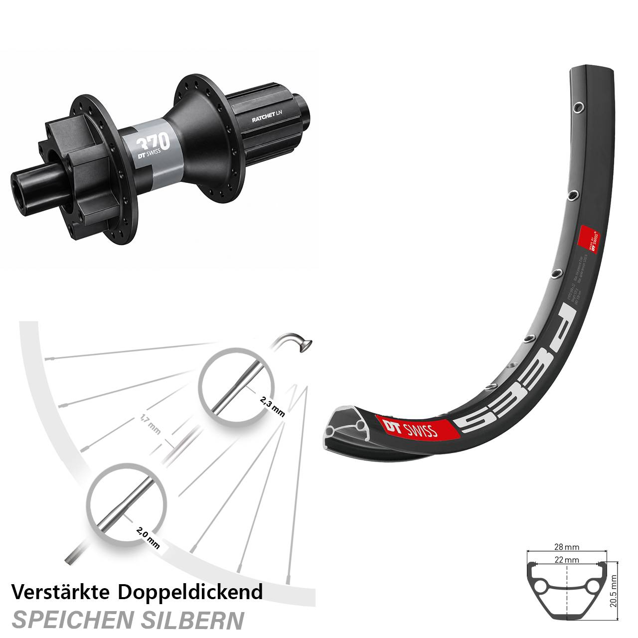 28-29 Zoll DT Swiss 533 D-370 Disc Hinterrad 12x142 8-11 fach HG