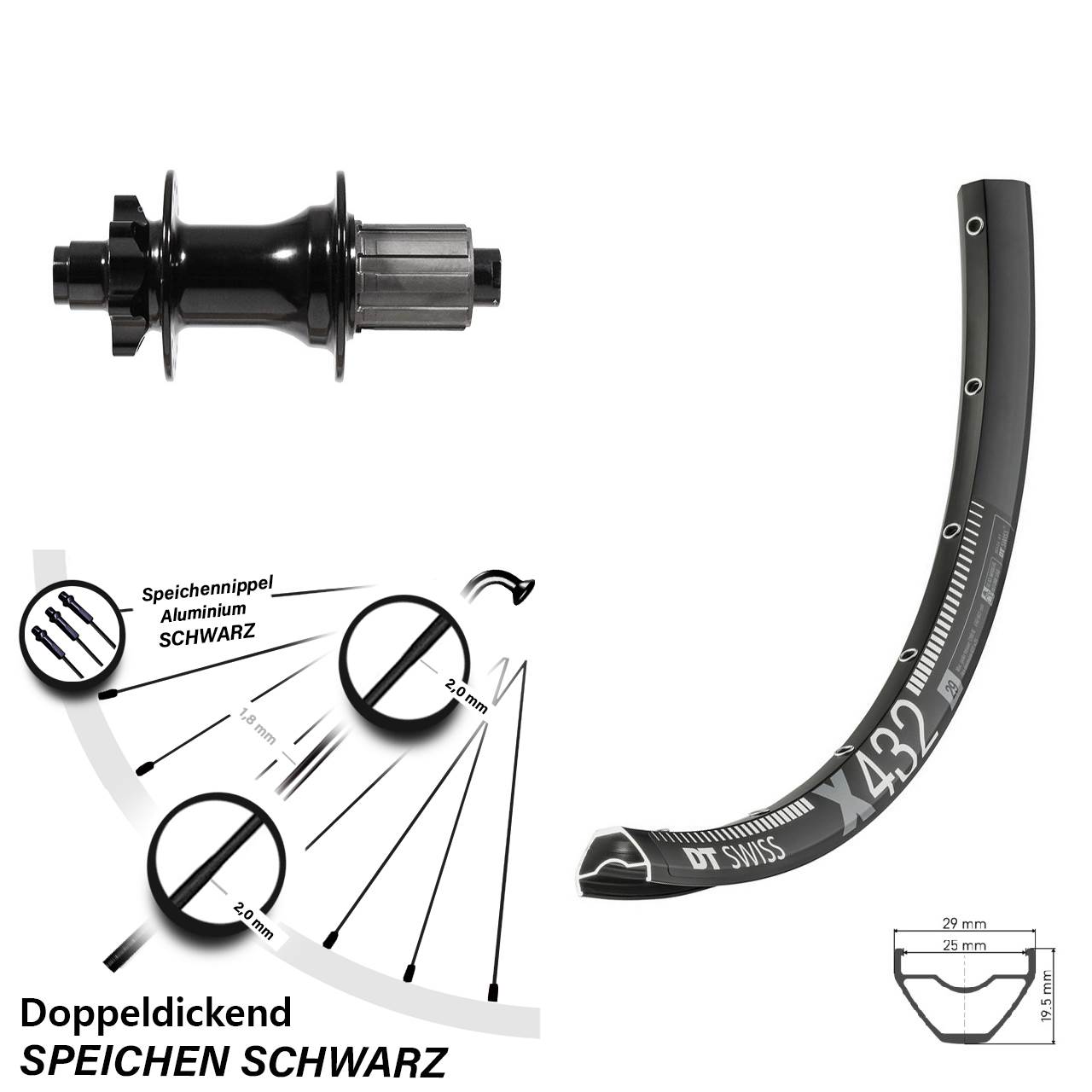 29 Zoll Hinteres Rad DT Swiss X 432 Steckachse 6-loch Formula 8-11 fach