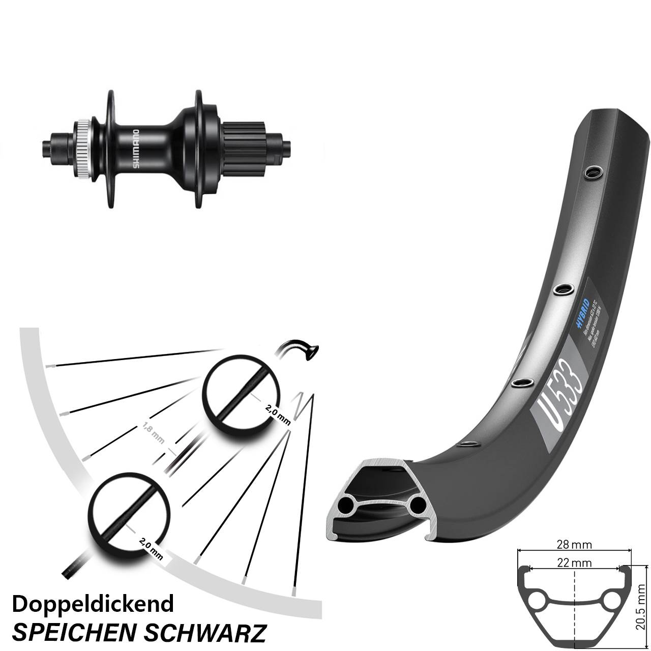 Hinterrad 26 Zoll DT Swiss U533 Shimano FH-MT500 5x135 Centerlock Micro Spline