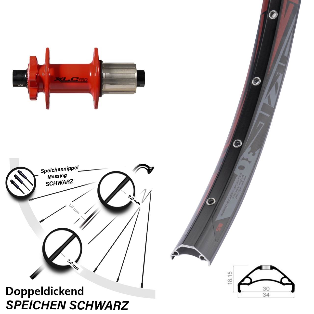 Rodi TRYP30 XLC rot 29 Zoll Disc Laufrad 12x142 8-11 fach