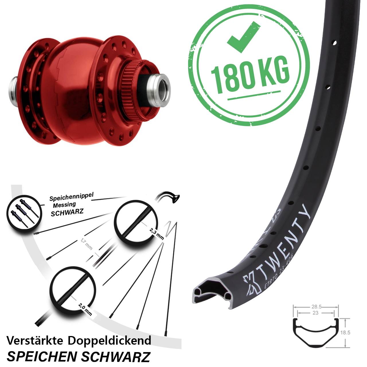 SON 28 rot KX Twenty 20 Zoll Disc Vorderrad mit Nabendynamo 12x100