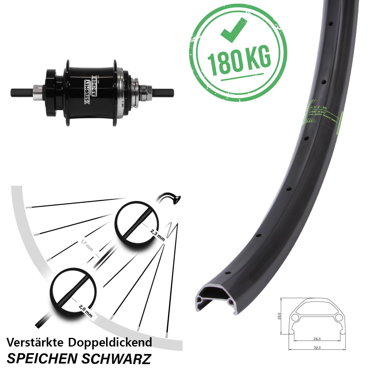 KX Evo Hinterrad 26 Zoll Sturmey Archer A2K Disc schwarz