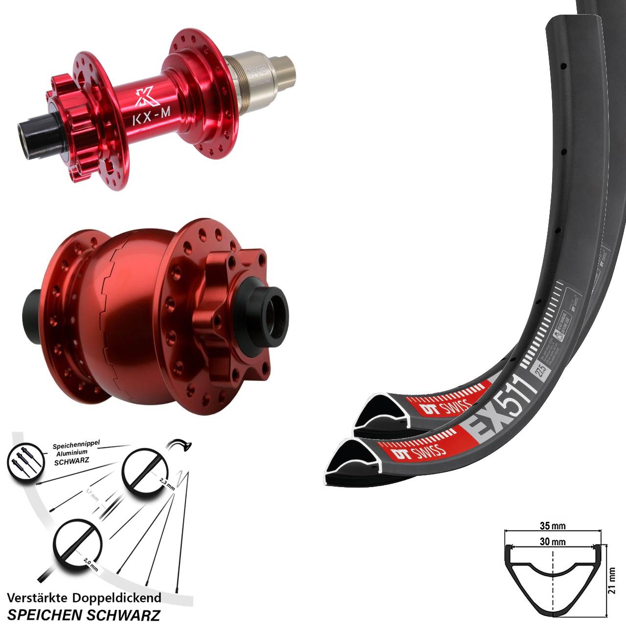 29 Zoll DT Swiss EX511 KX-M rot SON 28 Disc Laufradsatz 15x100 12x142 SRAM XD