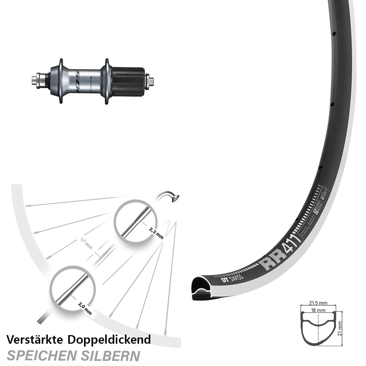Hinterrad 28 Zoll DT Swiss RR411 OS Shimano FH-R7000 8-12 fach HG QR