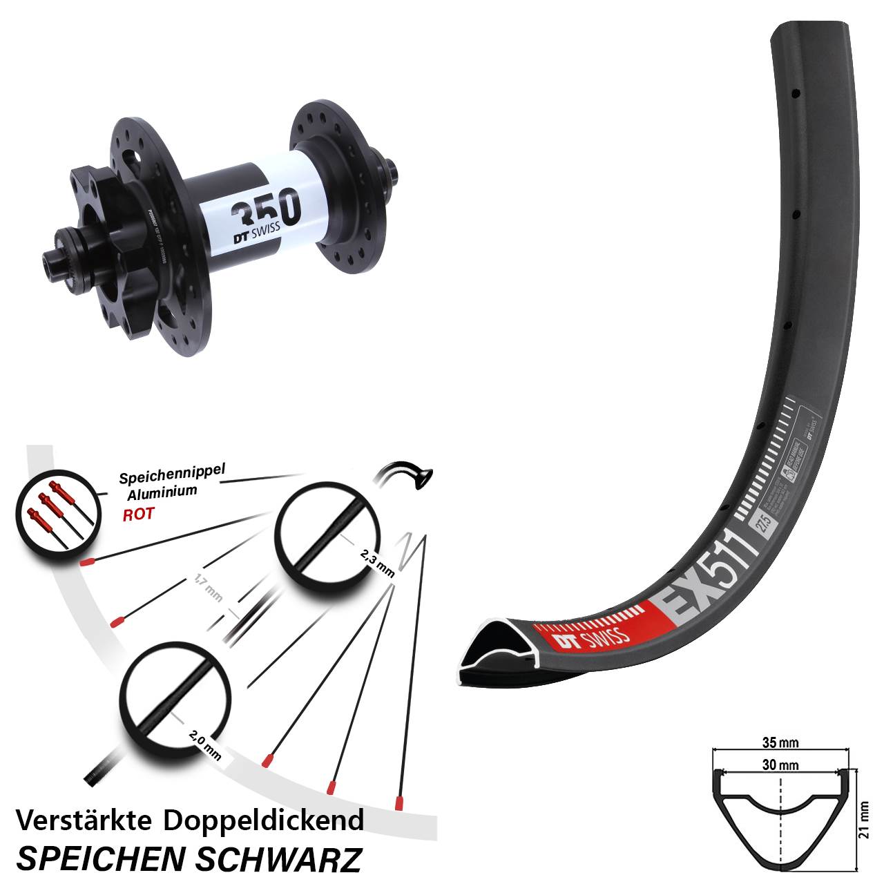 Vorderrad 6-Loch 29 Zoll DT Swiss EX511-350 für Schnellspanner