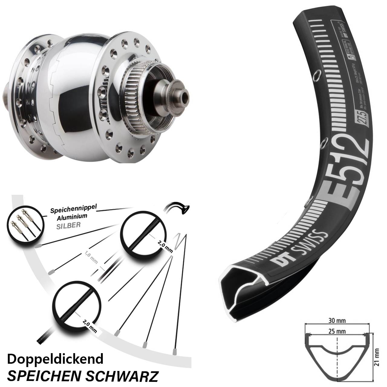27,5 Zoll DT Swiss E512 SON 28 poliert Disc Nabendynamolaufrad QR