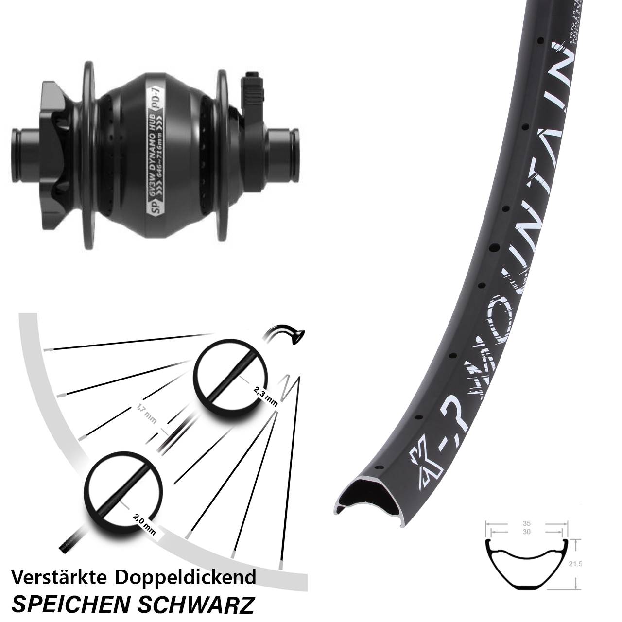 Disc Laufrad mit Nabendynamo 29 Zoll KX-R Mountain Shutter Precision PD-7 12x100