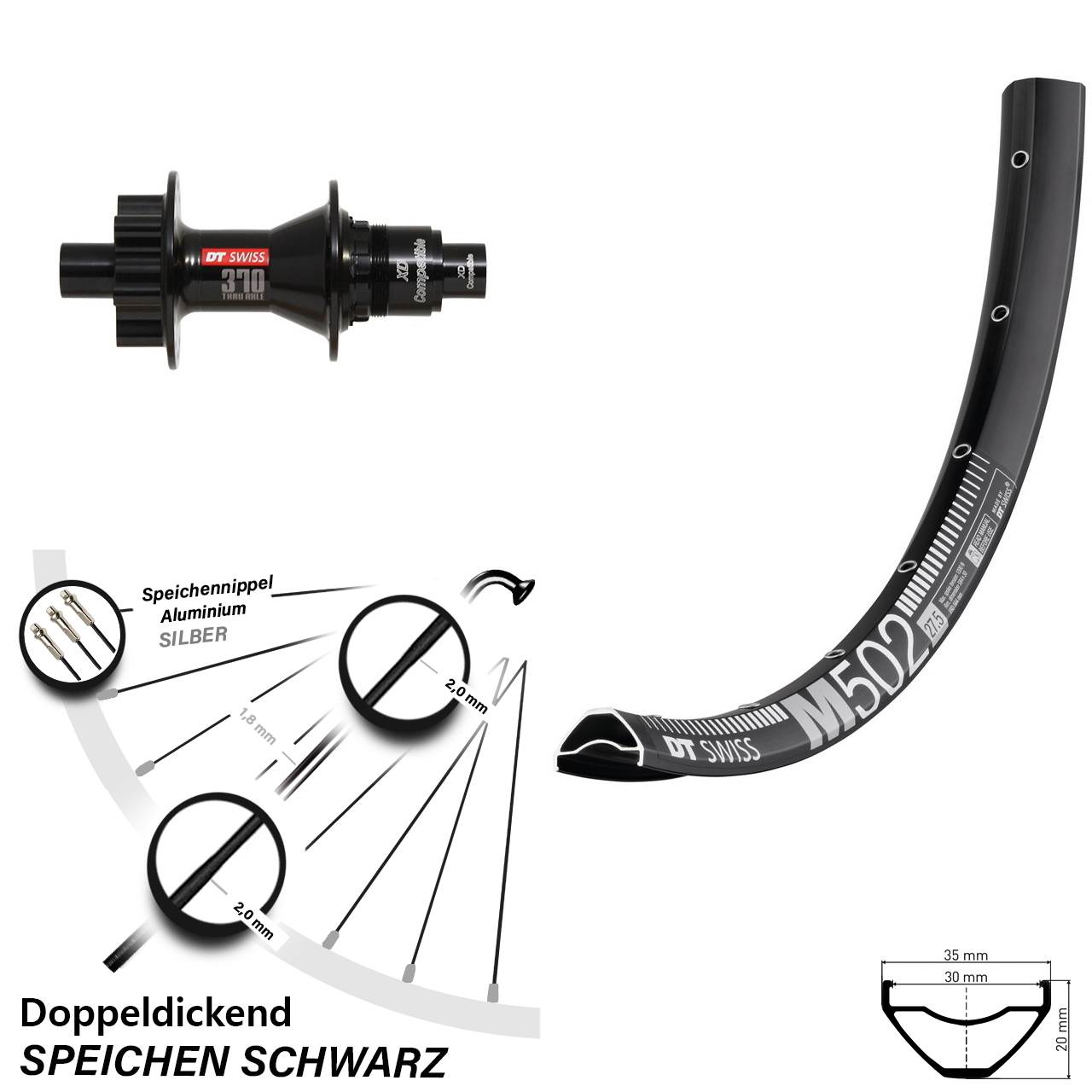 29 Zoll Hinterrad DT Swiss 370 6-Loch und M 502 Sram XD