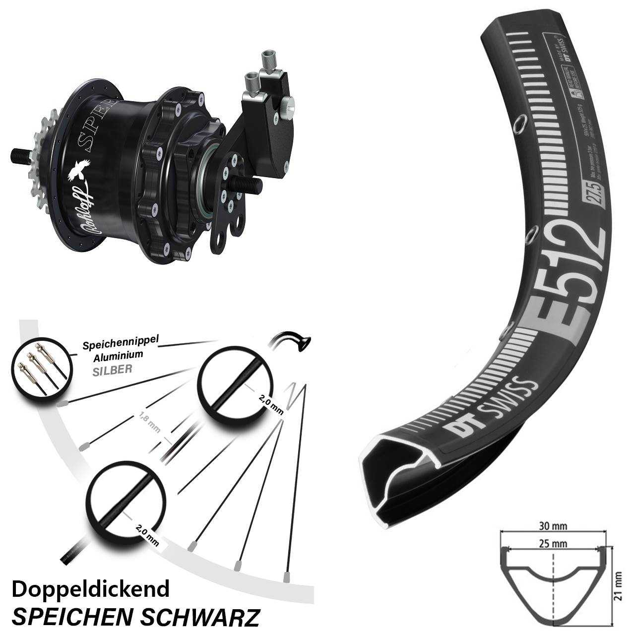 Hinterrad 27,5 Zoll DT Swiss E 512 Disc Rohloff Speedhub 500/14 TS DB Tandem schwarz