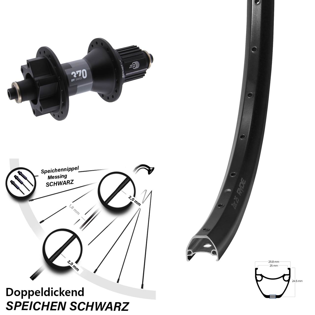 Hinterrad 28-29 Zoll Ryde ZAC 25 DT Swiss 370 5x135 6-Loch Micro Spline