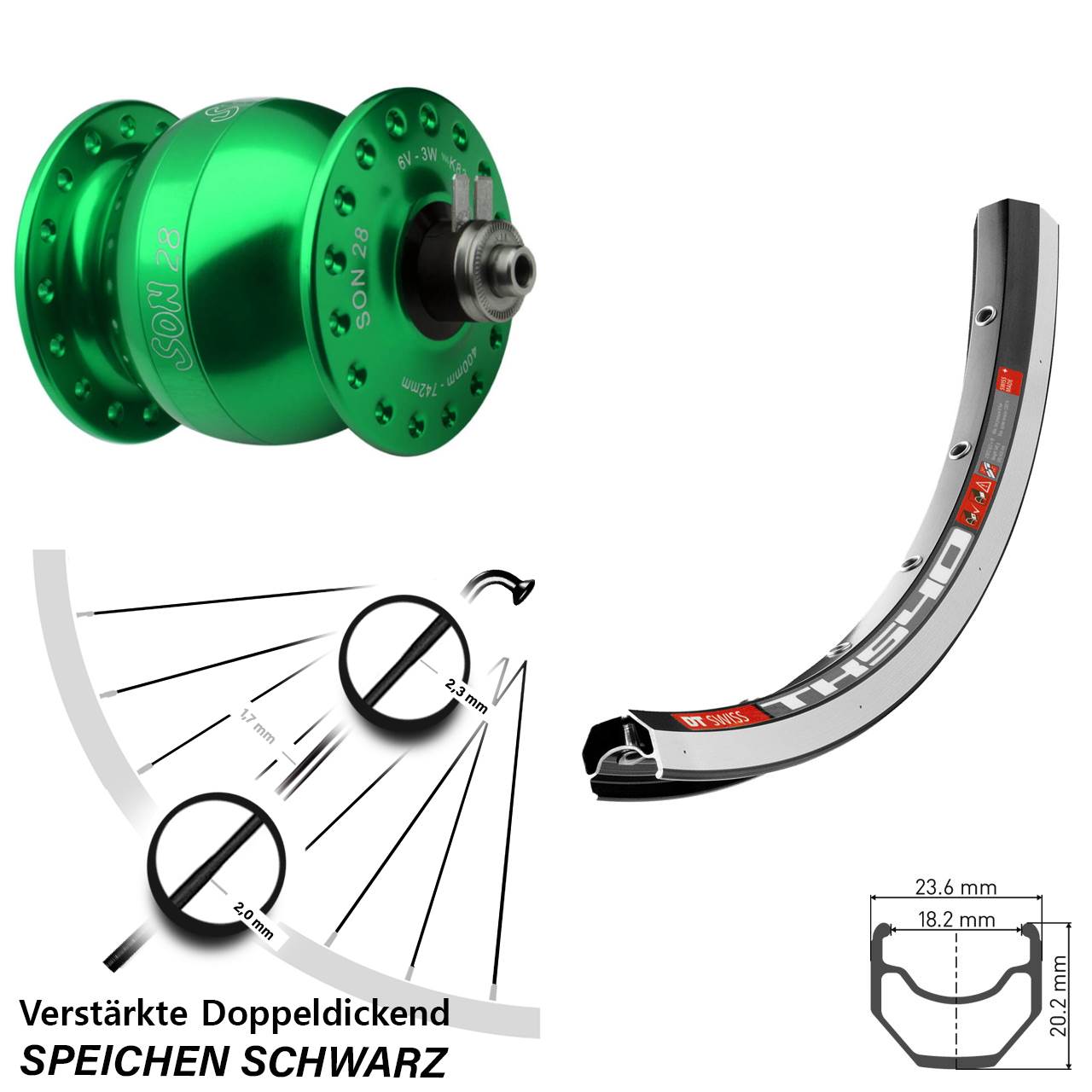 grüner SON 28 Zoll DT Swiss TK 540 Nabendynamovorderrad QR