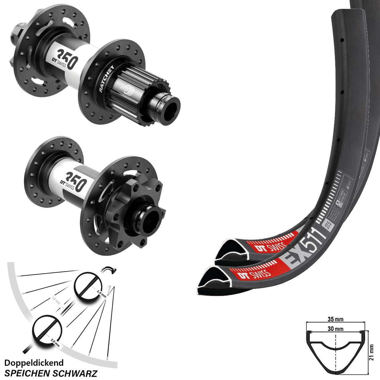 Laufradsatz MTB 29 Zoll EX 511 DT Swiss 350 Micro Spline 12-fach Steckachse Boost 6-loch