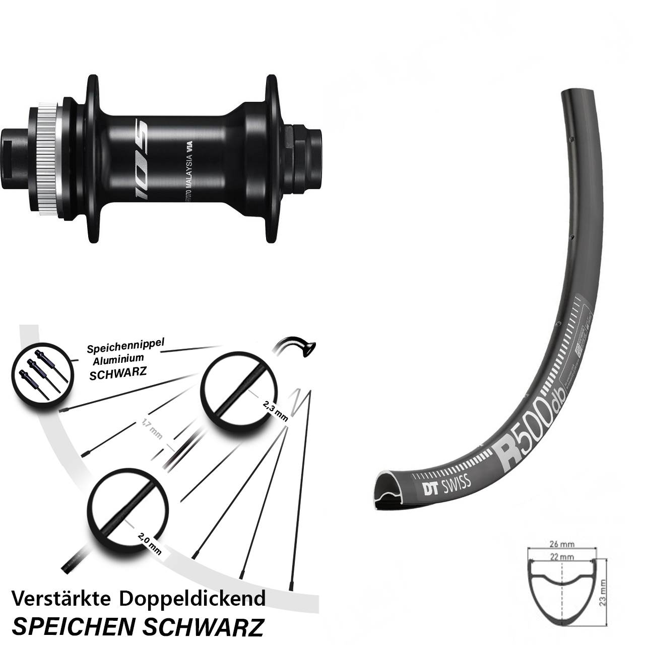 Shimano 105 HB-R7070 DT Swiss R 500 Vorderrad Road Disc 28-29 Zoll 12x100 mm