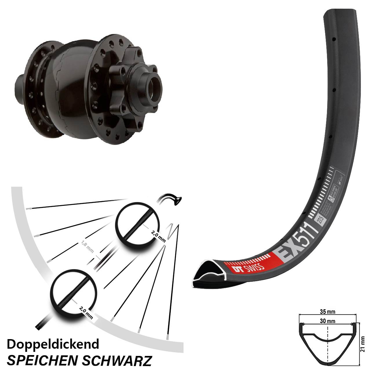 6-Loch Dynamo-Vorderrad 27,5 Zoll DT Swiss EX511 SON 28 15x100