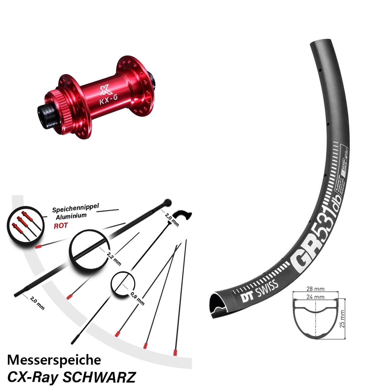 28 Zoll DT Swiss GR531 KX-G rot Disc Vorderrad 12x100 CX-Ray