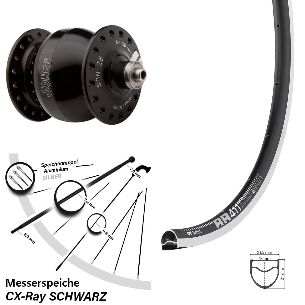 Vorderrad Son 28 Zoll Nabendynamo DT Swiss RR411 CX-Ray