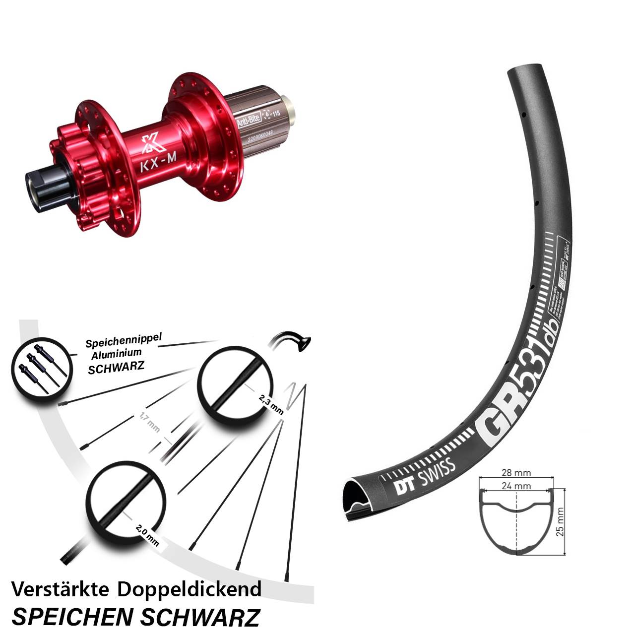 Disc Hinterrad 12x142 27,5 Zoll DT Swiss GR531 KX-M rot 8-12 fach HG