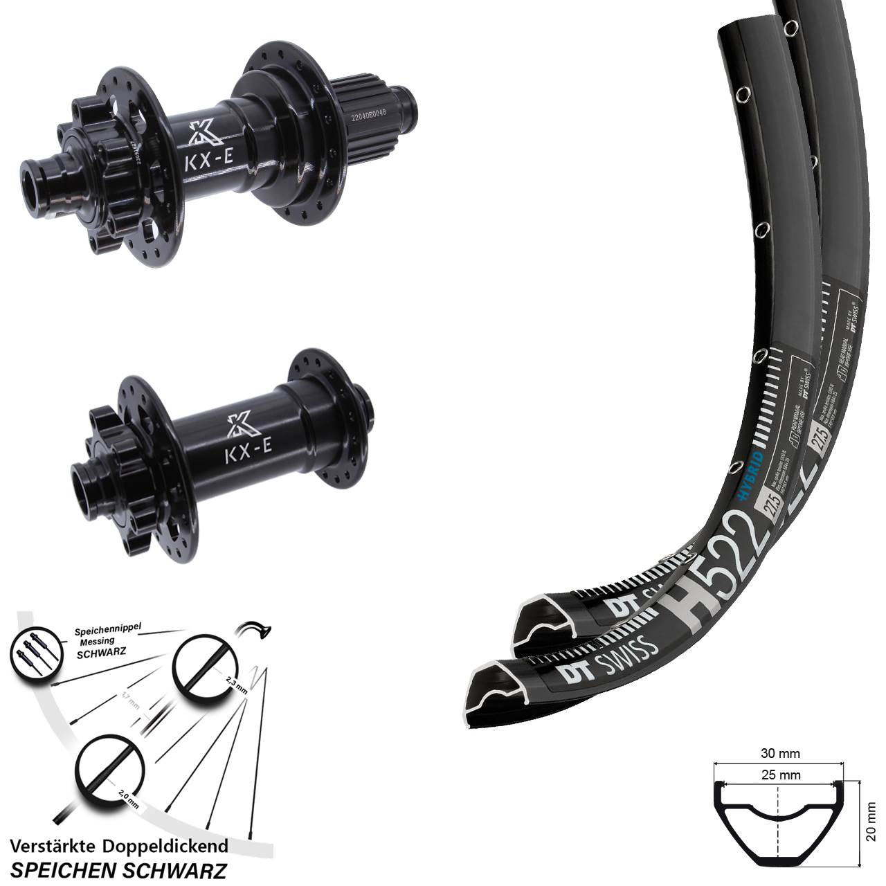 27,5 Zoll DT Swiss H522 KX-E Disc 6-Loch Heavy Duty Laufradsatz 15x110 12x148 Micro Spline