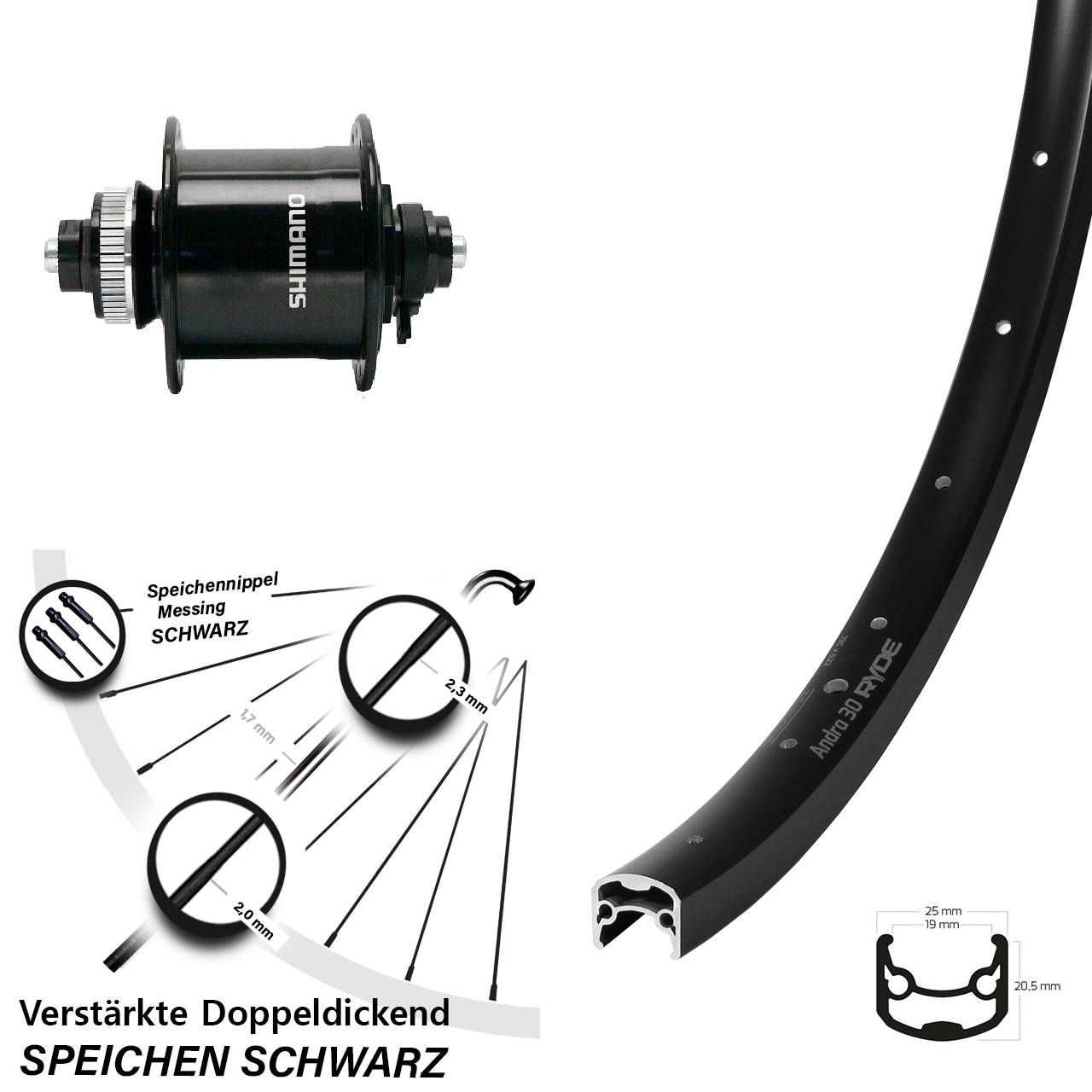 28 Zoll Ryde Andra 30 Shimano DH-UR700 Dynamo-Vorderrad Centerlock QR