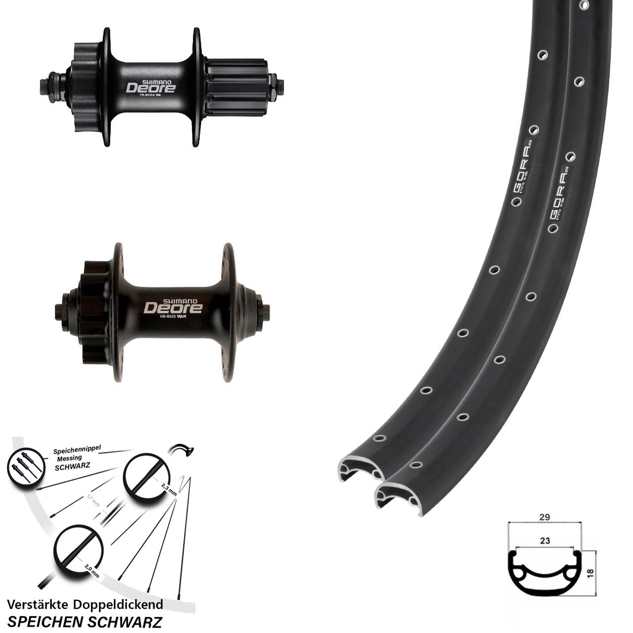 26 Zoll Gora 23 Shimano Deore HB-M525 FH-M525 Disc Laufrad-Satz QR 8-11 fach HG