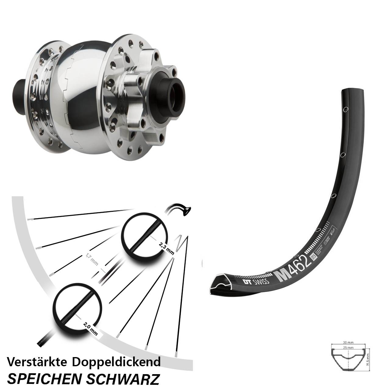 Nabendynamo-Vorderrad 6-Loch 650B DT Swiss M 462 SON 28 15x100