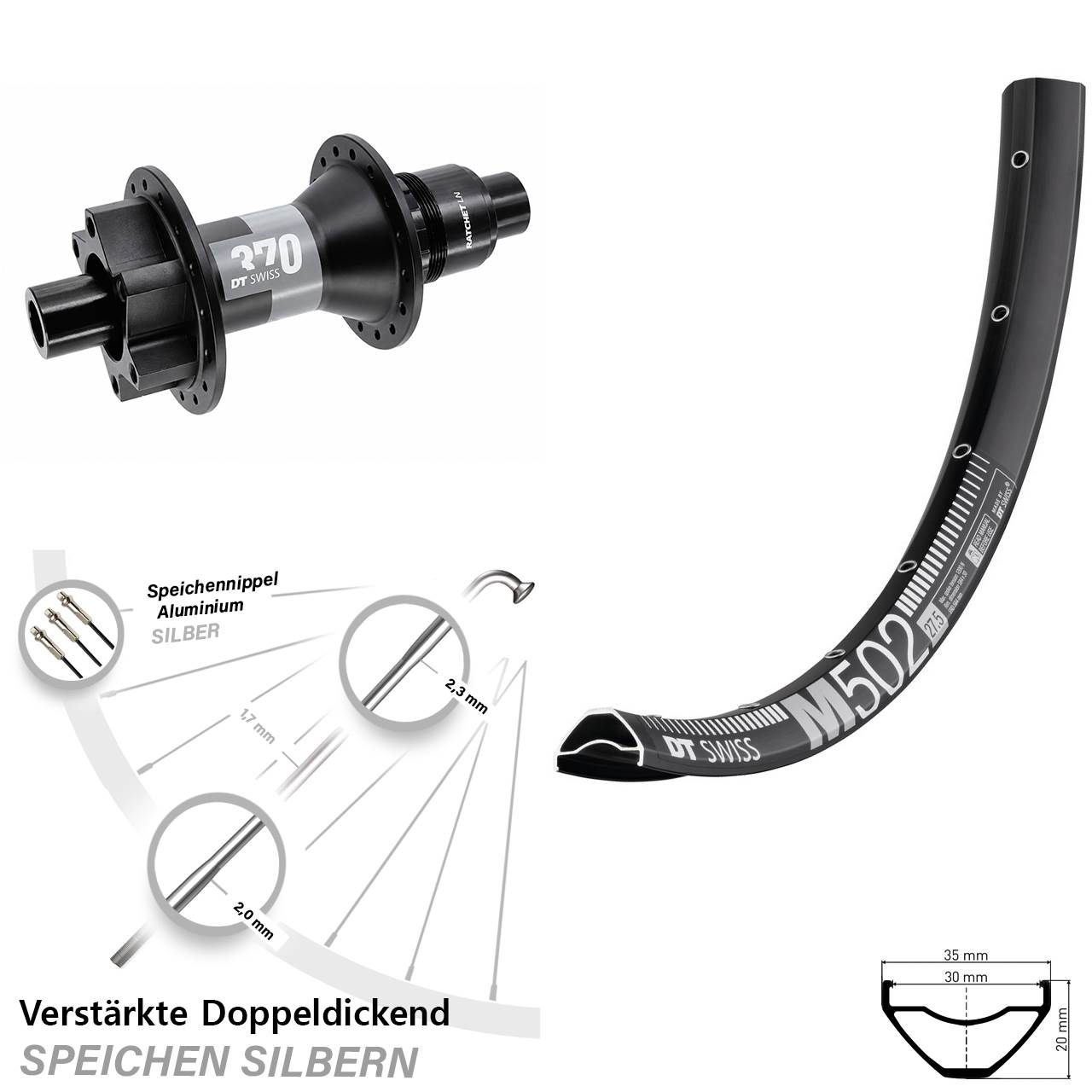 29 Zoll DT Swiss M502-370 Boost Hinterrad 6-Loch 12x148 XD