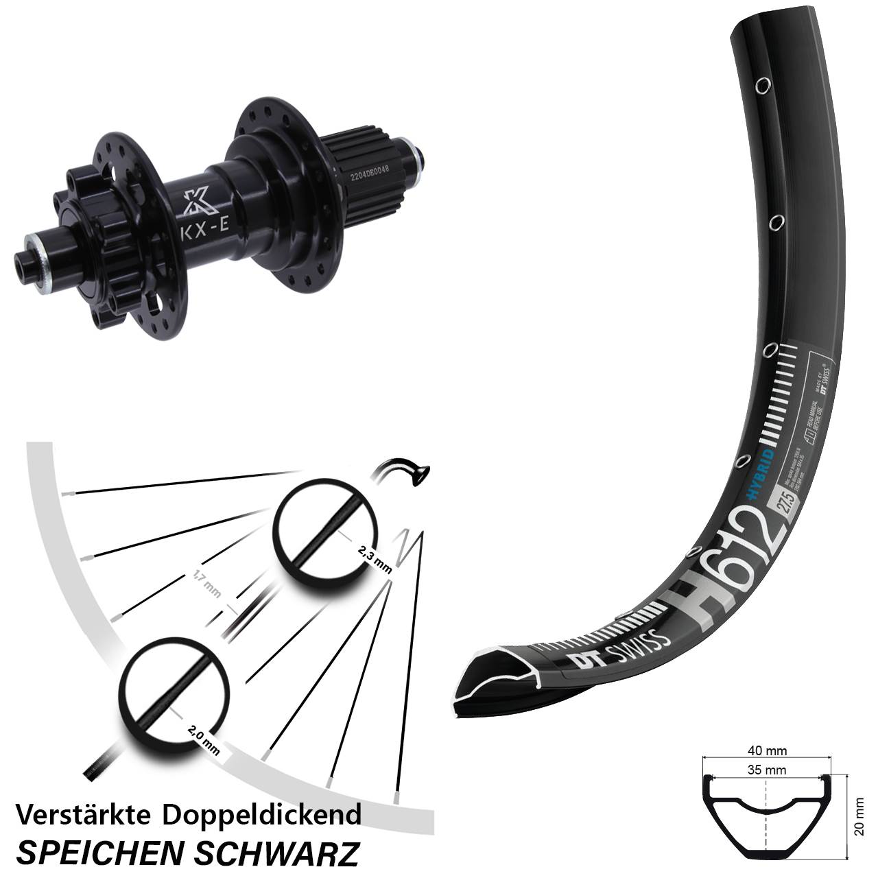 Hinterrad 6-Loch für Schnellspanner 27,5 Zoll DT Swiss H612 KX-E Micro Spline