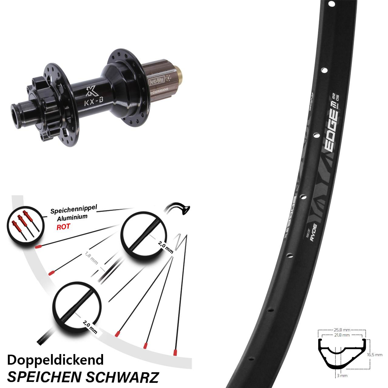 Ryde Edge M22 OS KX-B 29 Zoll 6-Loch Hinterrad 12x148 8-11 fach