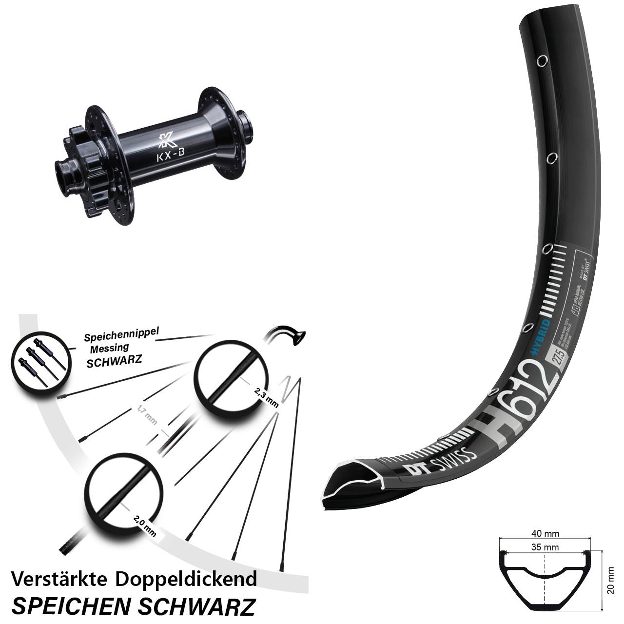 27,5 Zoll Vorderrad 6-loch DT Swiss H 612 mit KX-B 15x110 mm Boost