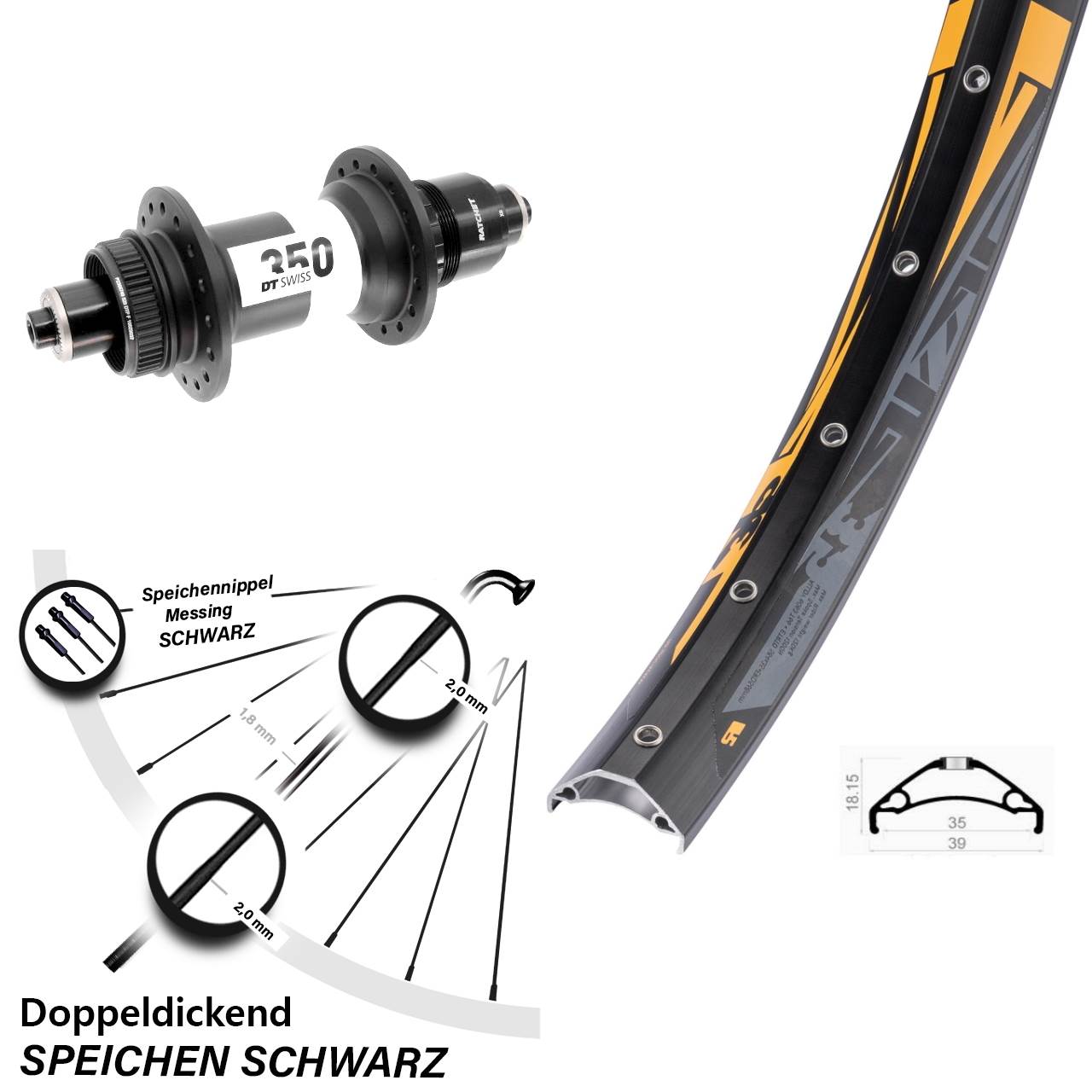 27,5 Zoll Rodi TRYP 35 DT Swiss 350 Boost Disc Laufrad QR Boost XD