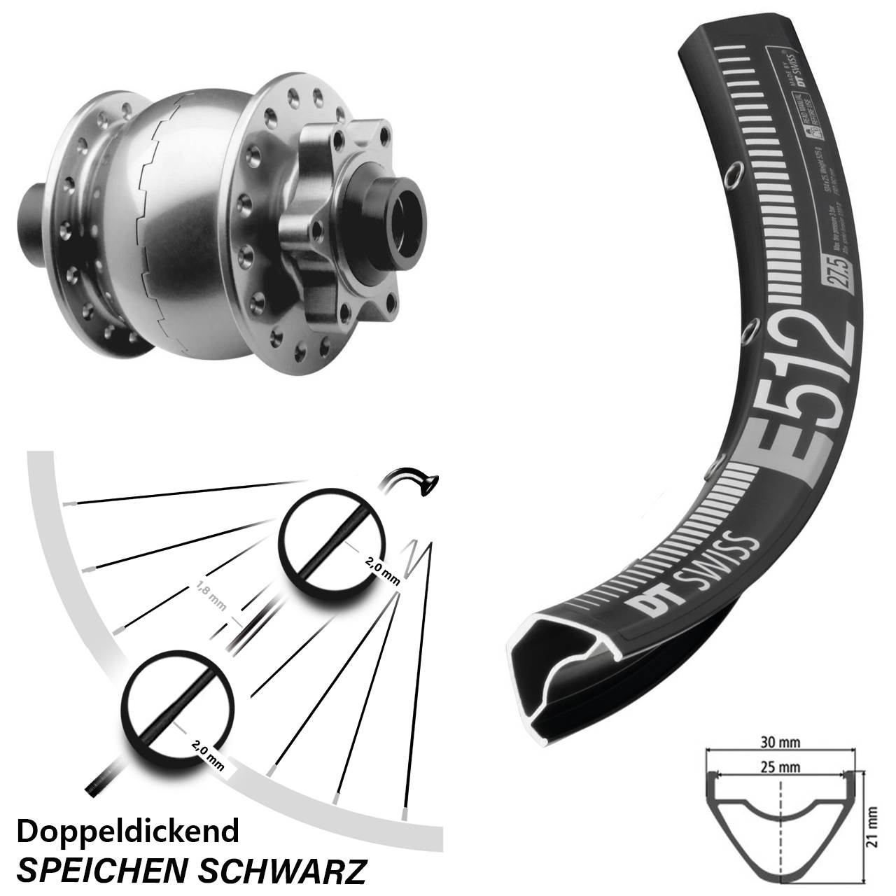 Disc Laufrad mit Nabendynamo 27,5 Zoll DT Swiss E512 SON 28 silbern 15x100