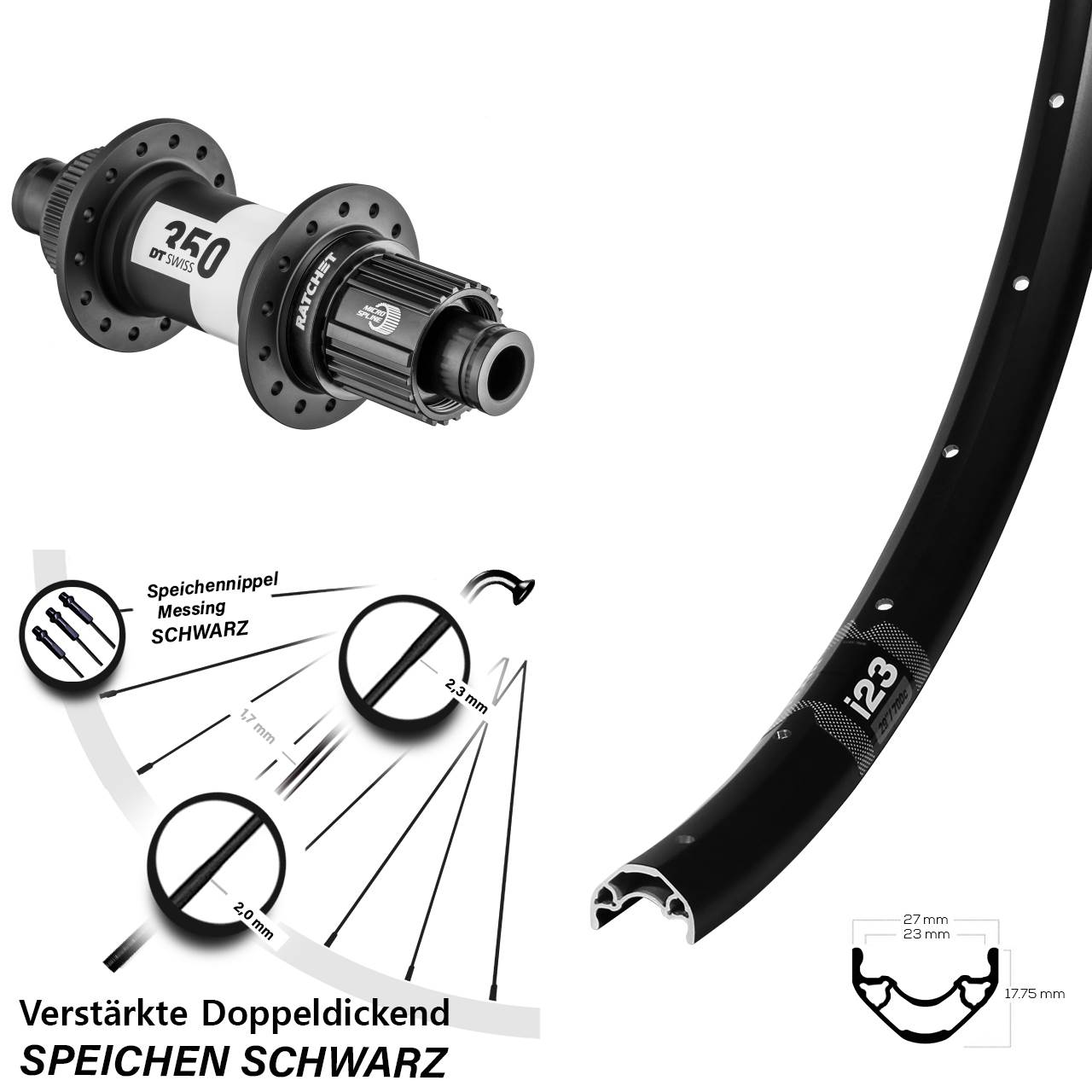 Hinterrad Centerlock 28 Zoll WTB i23 ST DT Swiss 350 Micro Spline 12x142
