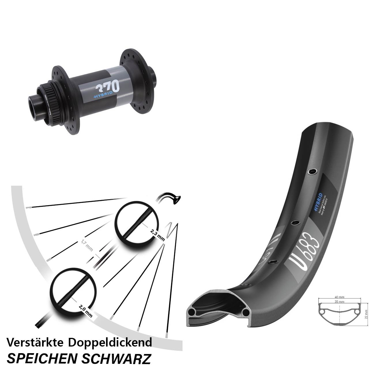 Boost Vorderrad 15x110 27,5 Zoll U683 DT Swiss 370 Hybrid Centerlock