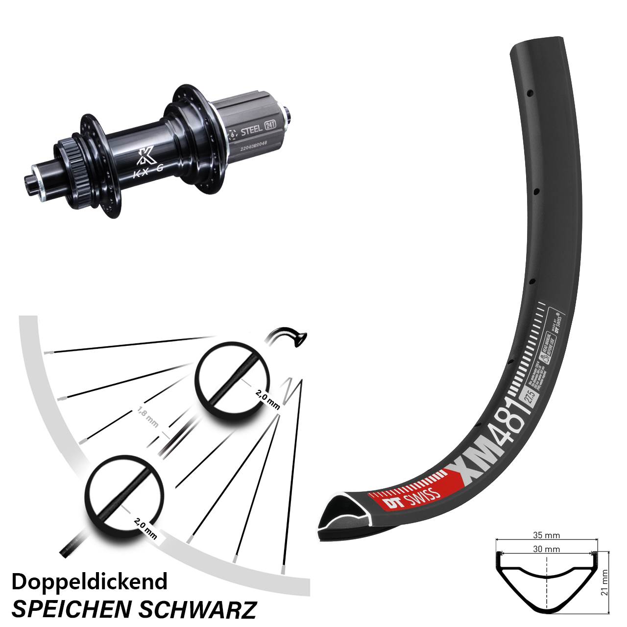 Hinterrad 27,5 Zoll DT Swiss XM481 KX-GS Heavy Duty 5x135 Centerlock 8-12 fach