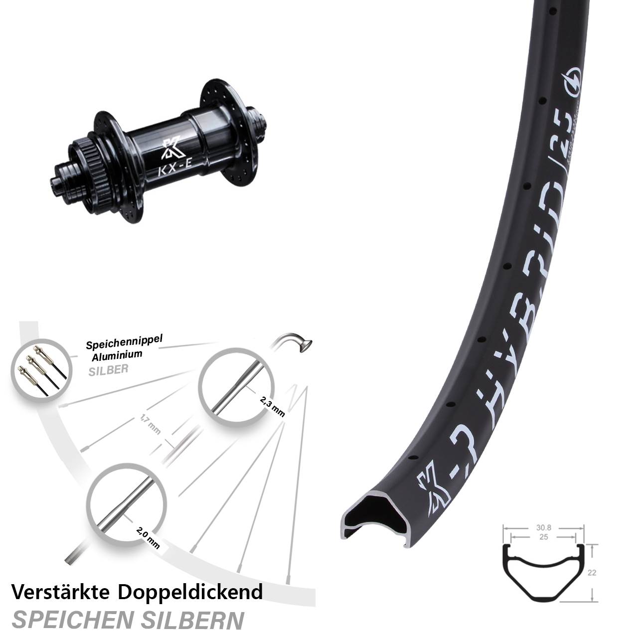 Vorderrad E-Bike 28-29 Zoll verstärkt Centerlock schwarz KX-ER Hybrid 25 Schnellspanner