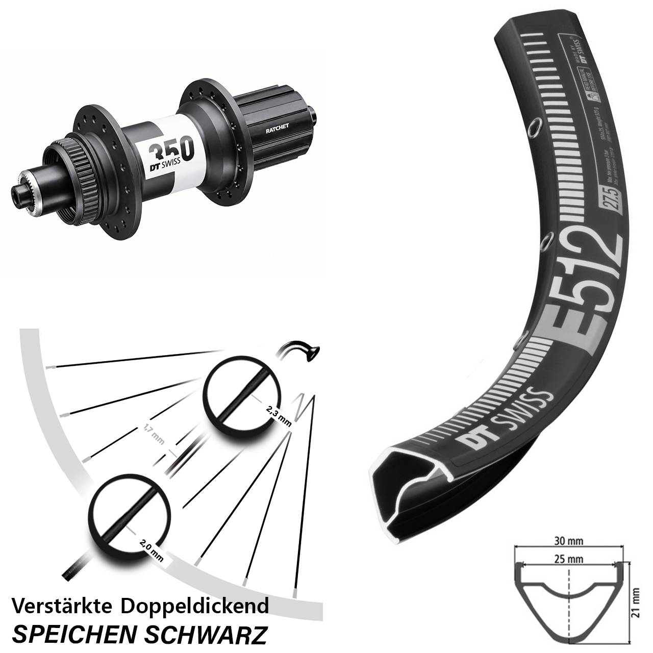 Centerl. 29 Zoll Hinterrad DT Swiss E512-350 Ratchet 36 8-11 fach HG für Schnellsp.