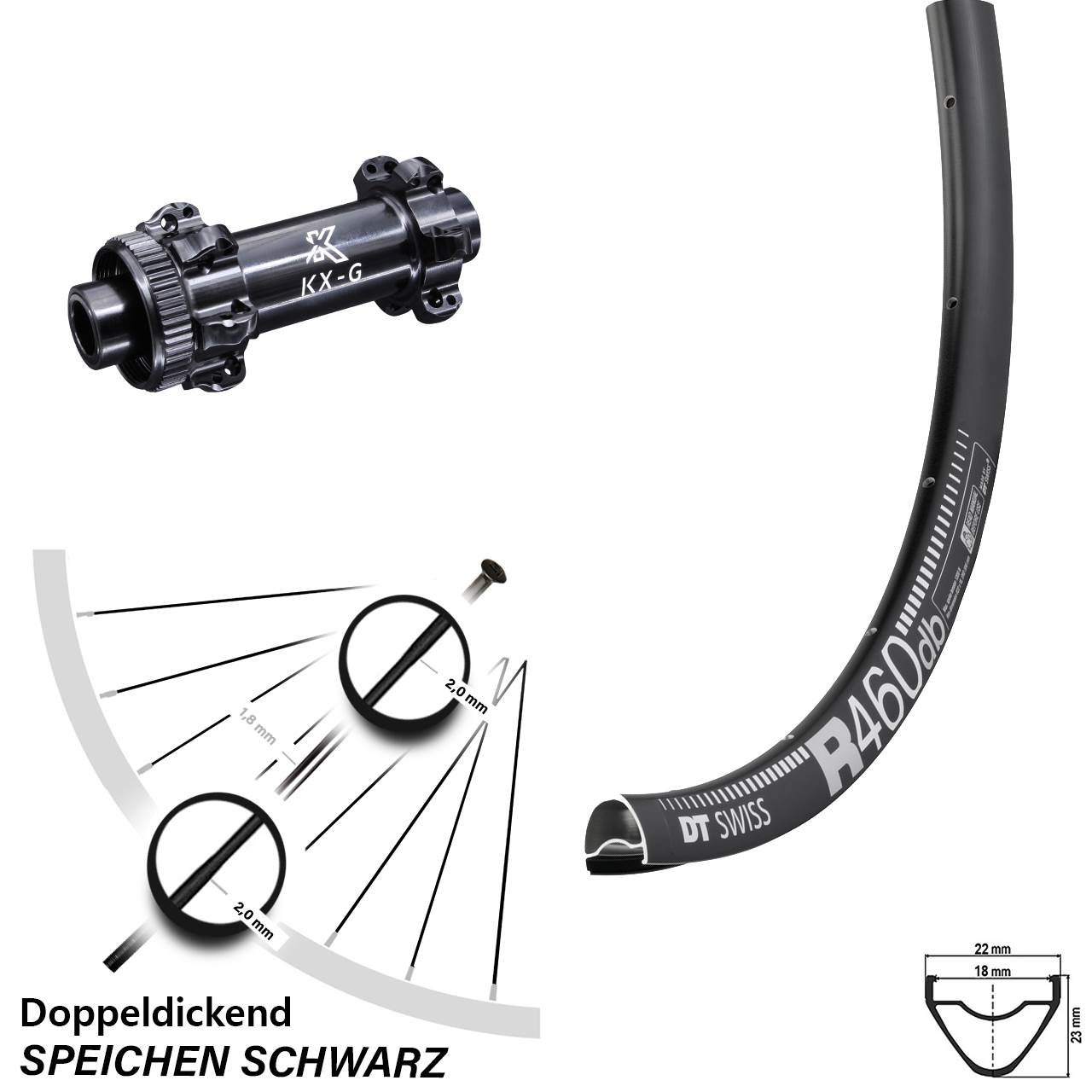 schwarzes 28 Zoll Vorderrad DT Swiss R 460 Disc KX-G 12x100 mm Straightpull