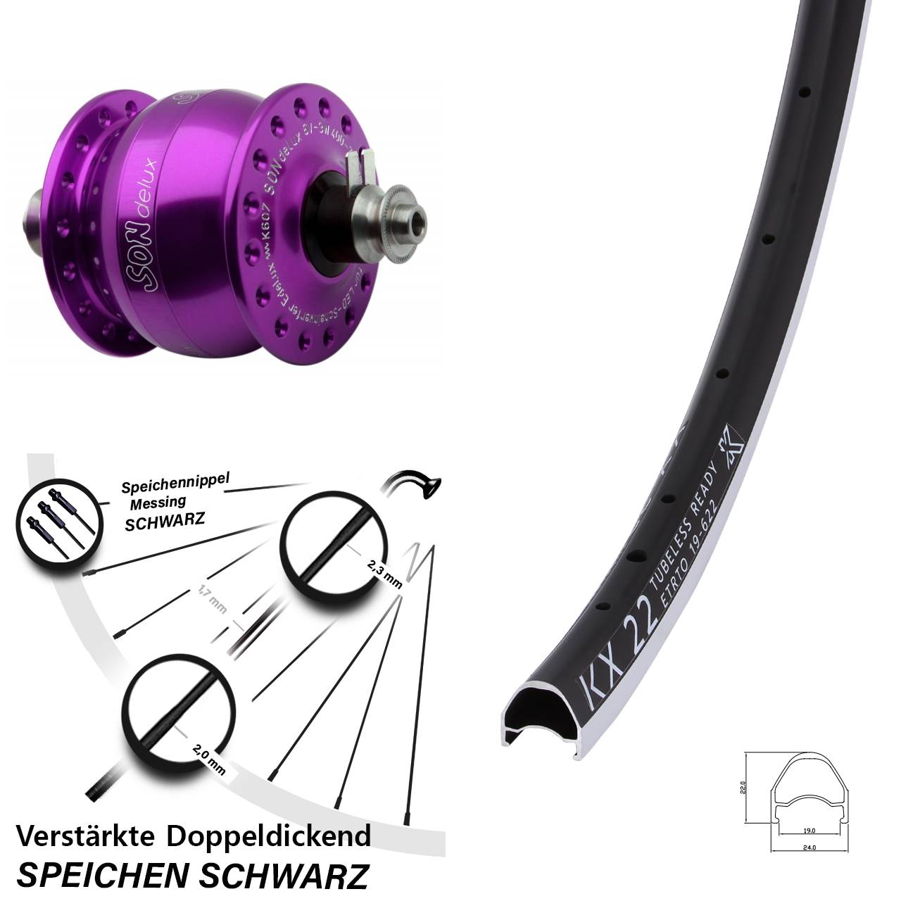 SON delux violett KX 22 28 Zoll Laufrad mit Nabendynamo für Schnellspanner