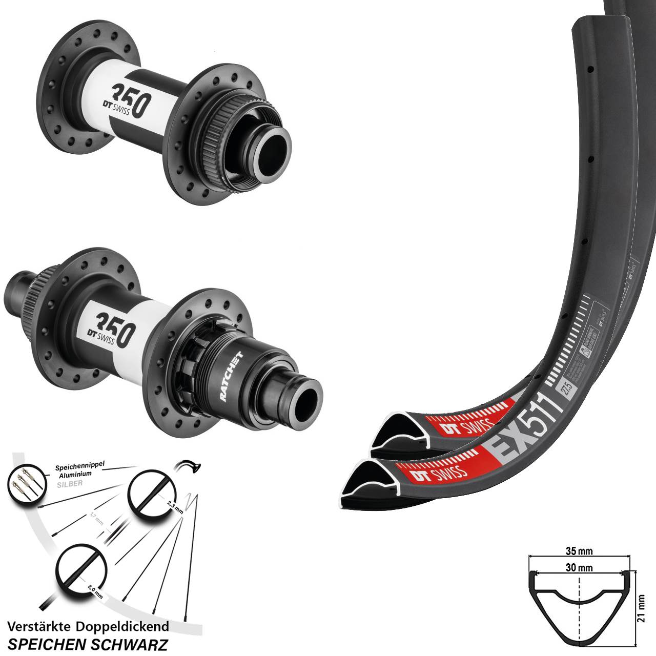 DT Swiss EX511-350 27,5 Zoll Disc Laufrad-Satz 15x110 12x148 Boost XD