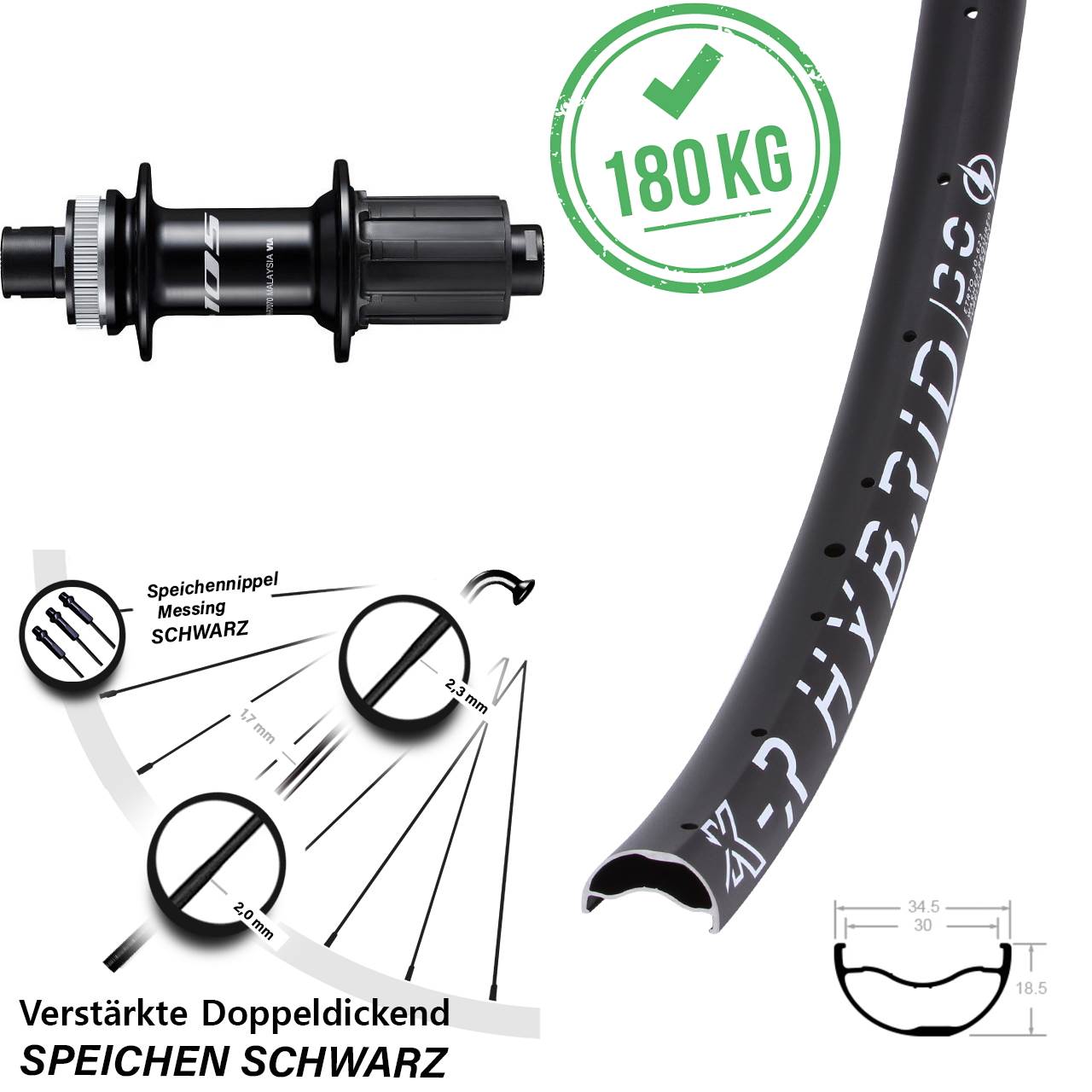 29 Zoll KX-R Hybrid 30 Shimano 105 FH-R7070 Centerlock Hinterrad 12x142 8-12 fach HG