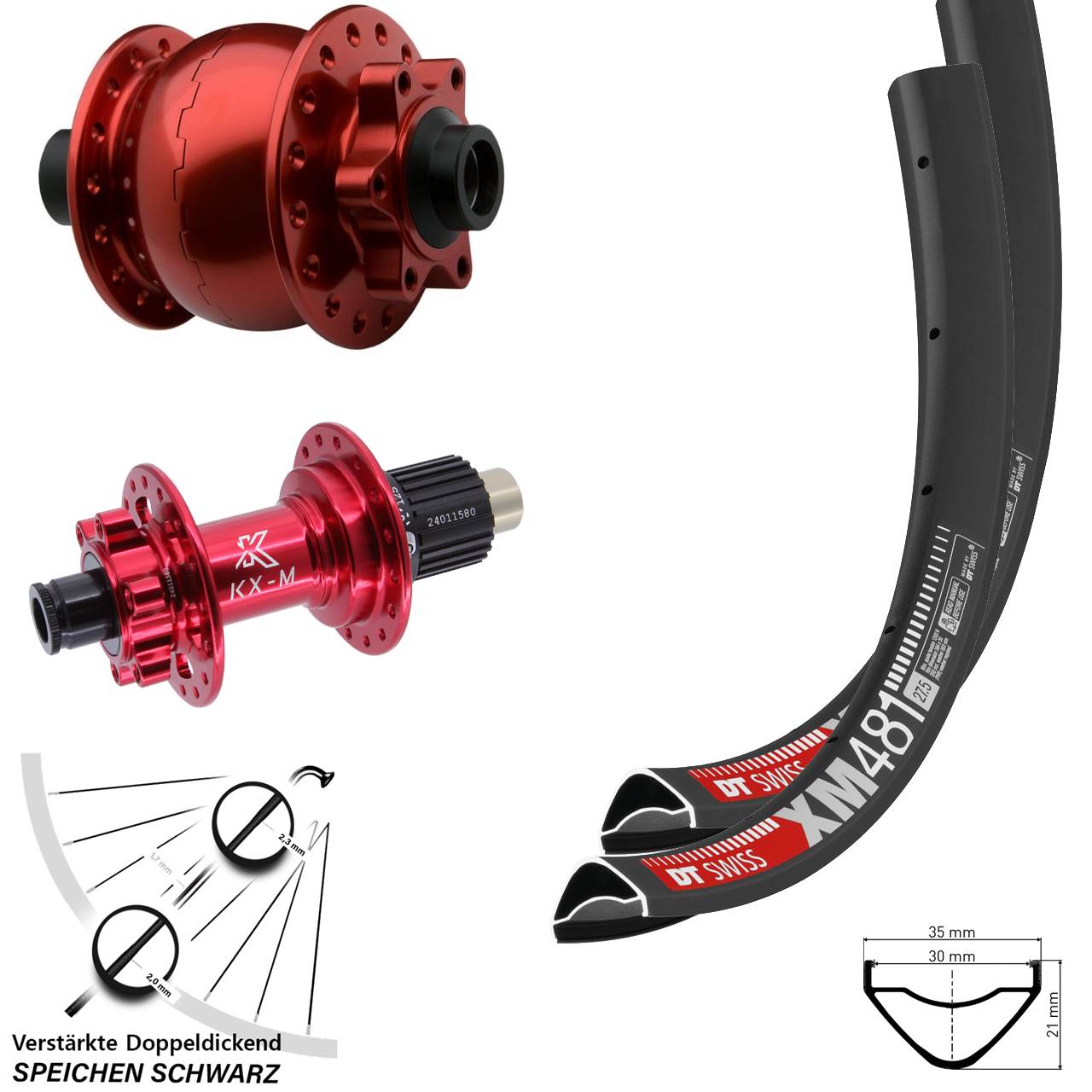 6-Loch Laufradsatz 15x100 12x142 27,5 Zoll DT Swiss XM 481 KX-M rot SON 28 Micro Spline