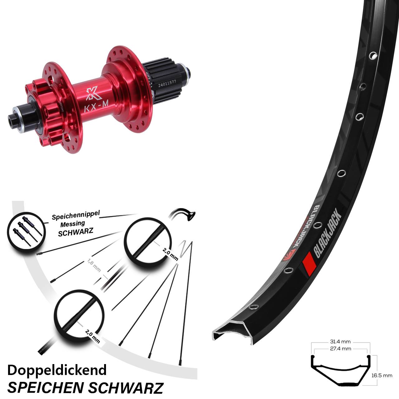 Rodi Ready 27 KX-M rot 650B Hinterrad 6-Loch für Schnellspanner Micro Spline