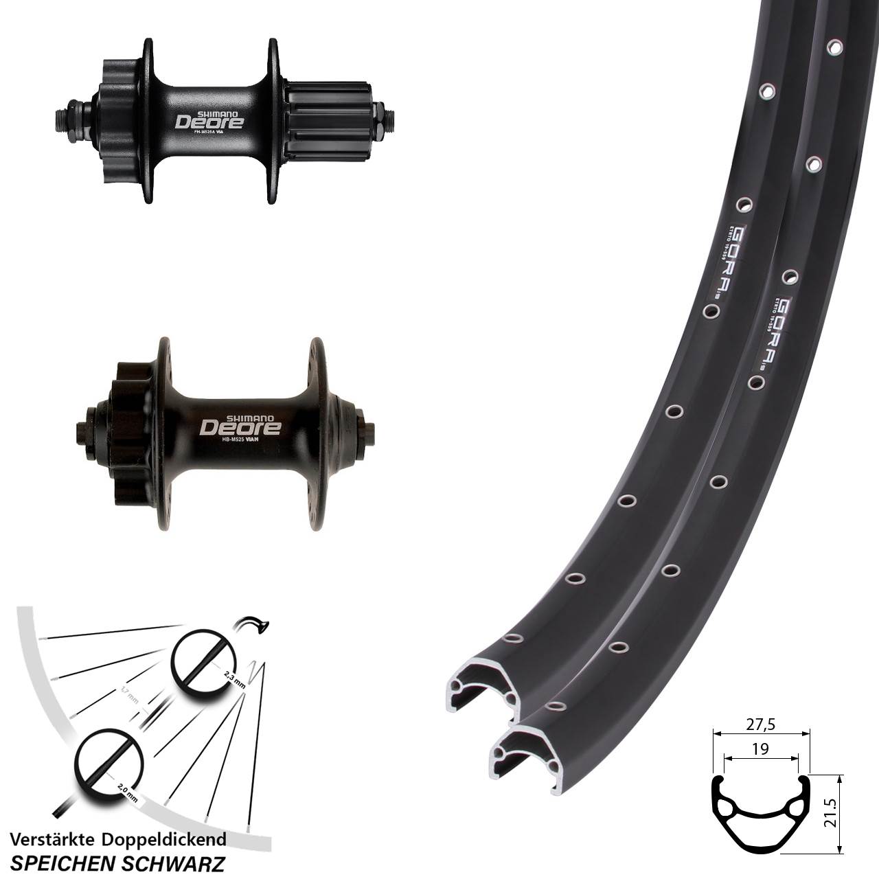 6-Loch Laufradsatz QR 27,5 Zoll Gora 19 Shimano Deore HB-M525 FH-M525 8-11 fach